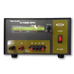 SP-2200, Japanese Swallow heavy duty bench power supply, adjustable 3-15VDC 20A with analog voltmeter and ammeter, dimensions 23x14x32cm.