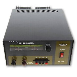 SP-3200, Japanese Swallow heavy duty bench power supply, adjustable 3-15VDC 30A with analog voltmeter and ammeter, dimensions 25x18x35cm.